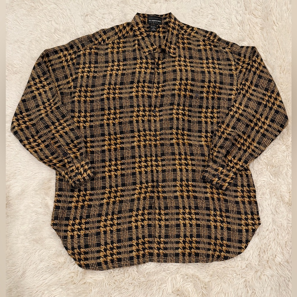 Vintage The Sharper Image Men’s 100% Silk Button Up Shirt XL‎ Black Gold Plaid